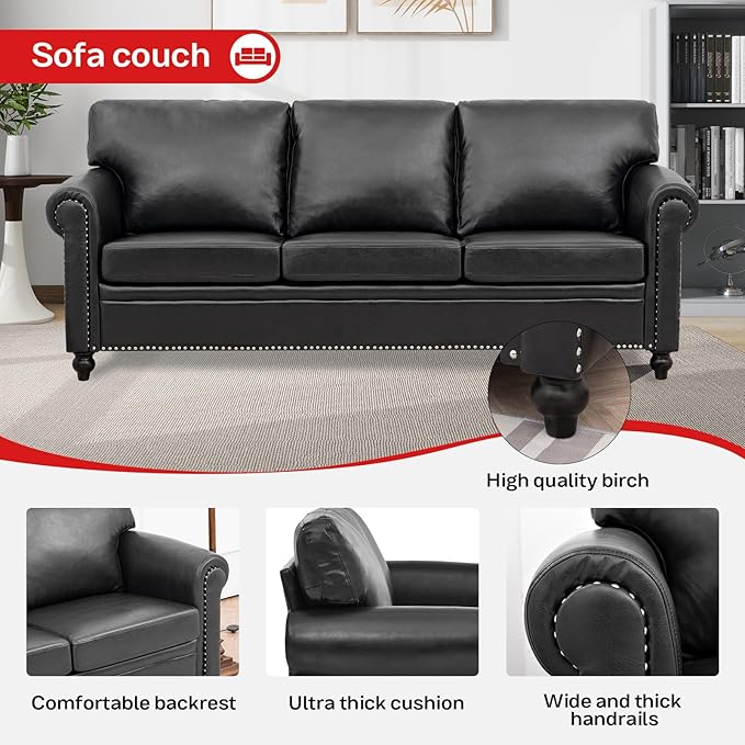 84'' Black Faux Leather 3-Seater Office Couch with Rivet Rolled Arms Modern Mid-Century Sofa for Living Room Apartment and Office. Easy Assembly (Black PU One Sofa)