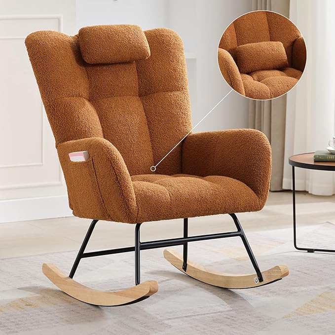 Nursery Rocking Chair Upholstered Padded Seat Rocking Chair with High BackrestModern Accent Recliner for Living Room Bedroom Cozy Reading