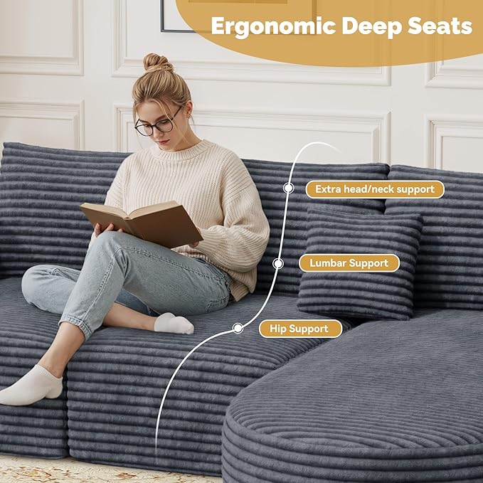 110 Boneless Couches for Living RoomModular Sectional Sofa with OttomanCloud Couch in a BoxSponge Compression L-Shaped Sofas with Chaise No Assembly RequiredGray1pcs