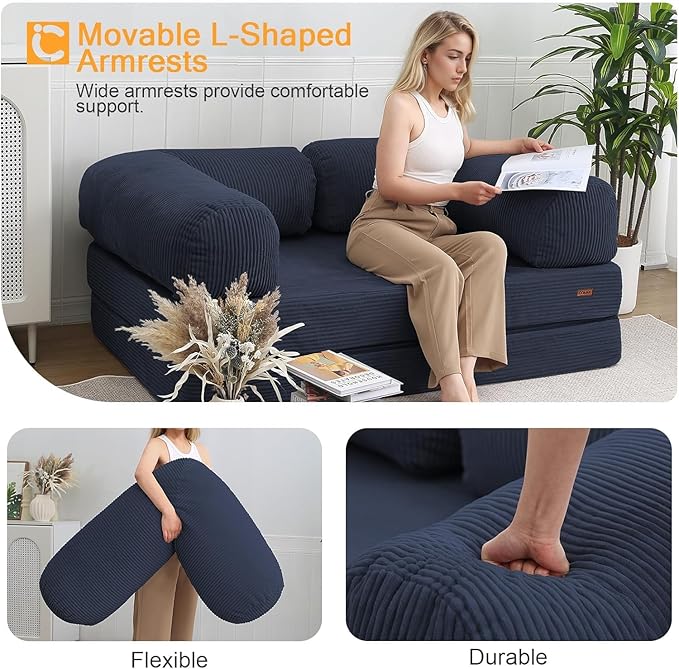 COMAX Folding Sofa Bed Queen 4-in-1 Foldable Floor Couch Convertible Futon Sofa with Armrests Sleeper Mattress Fold Out Chair Bed Lounge Guest for Living Room Navy Blue