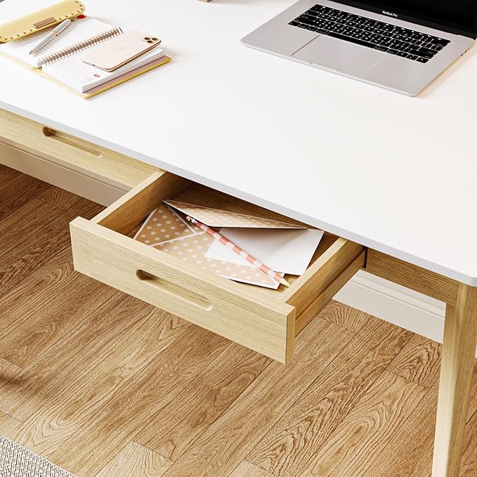 39.4 Inch Computer Desk with 2 Drawers Modern Home Office Desk Study Writing Gaming Work Table with Large Legroom White &amp Light Brown