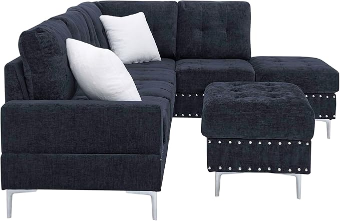ERYE 102-Inch L-Shaped Corner Sectional Sofa Chenille Upholstered Tufted Corner Sofa Couch with Storage Ottoman and Nailhead DecorModern L-Shaped Convertible Couches