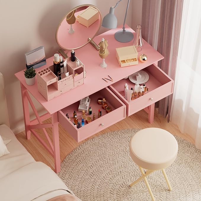 Writing Computer Desk with Drawers Cute Modern Table for Bedrooms Pink Vanity Table Office Desk with Drawers Home Computer Desk for Girls Living Room Entryway Pink