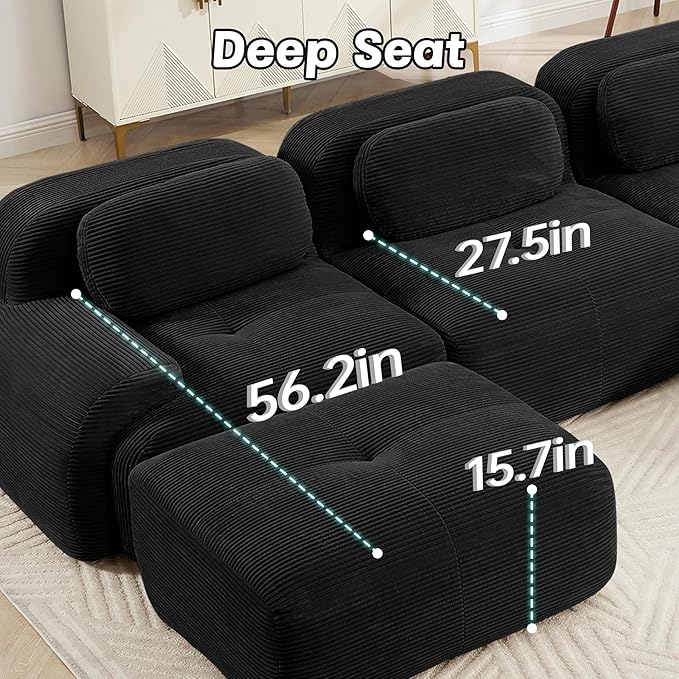 117.3 L-Shaped Inch Modular Sectional Sofa 3-Seater Cloud Couch with Deep Seat Boneless Couch with Pillows for Living Room Apartment Black