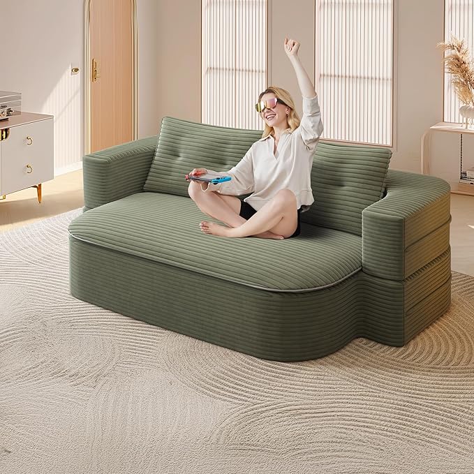 78.7'' Convertible Sleeper Sofa Corduroy Floor Foam Compression Loveseat Sofa Bed Couch Modern Folding Futon Couch Foldable Full Size Guest Bed with 2 Pillows and Blanket for Living Room (Green)