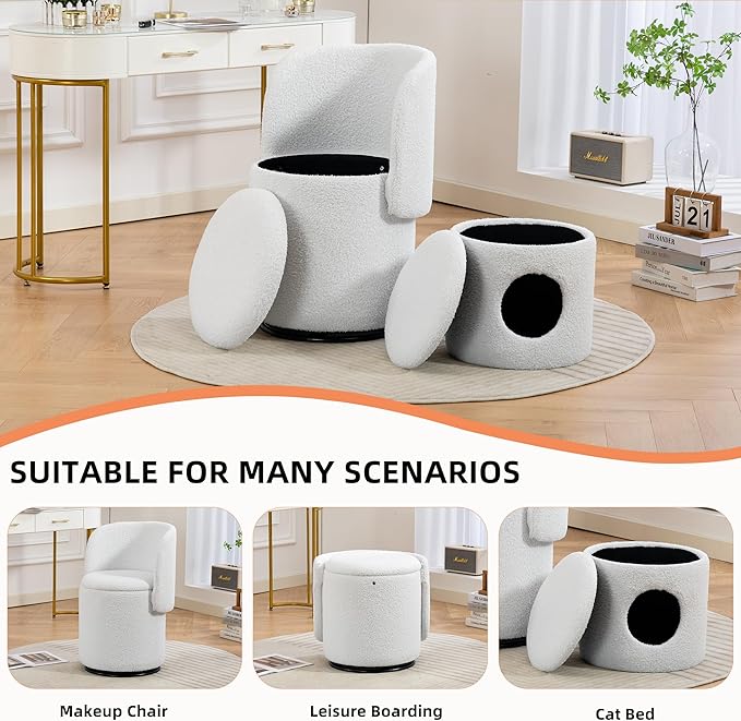 Round Vanity Chair with Storage &amp Cat Bed Stool Upholstered Small Swivel Accent Chair with Hidden Storage Makeup Barrel Chair for Bedroom Living Room (Teddy)
