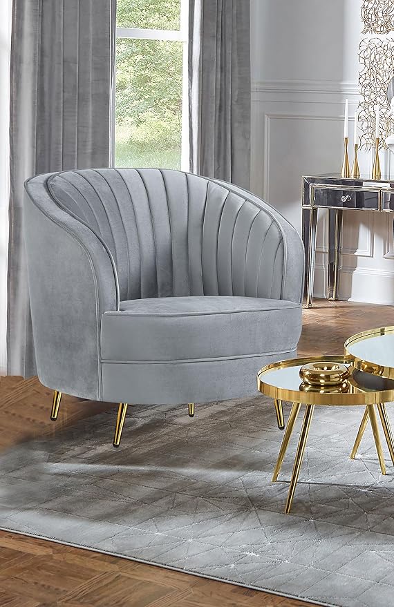 Coaster Home Furnishings - Sophia - Channel Tufted Barrel Accent Chair with Gray Velvet Upholstery Foam Cushion Gold Legs and Vertical Channel Tufting - Living Room - Gray - 506866