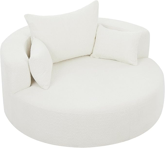 Oversized Round Swivel Chaise Modern 360°Swivel Barrel Chair with 3 Pillows Comfy Chenille Chaise Lounge Chair Indoor Single Cloud Circle Sofa for Living Room Bedroom Office (Beige)