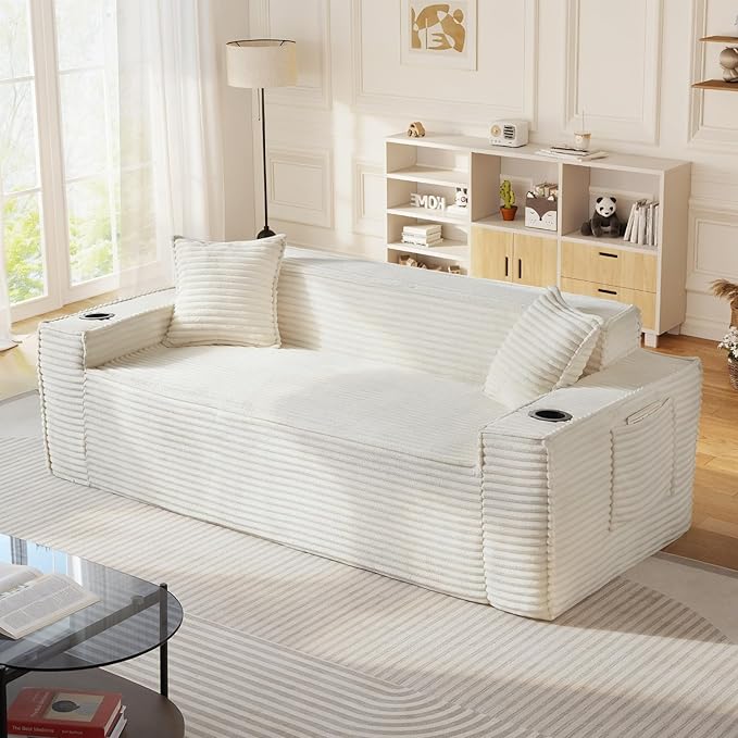 2 Piece Boneless Corduroy Sofa Set 61-Inch Loveseat Sofa and 80.7-Inch 3-Seater Sofa with Cup Holder Modern Comfy Cloud Deep Seat Couch Set for Living Room Bedroom No Assembly White