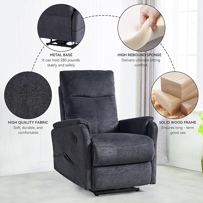 Electric Power Recliner Chair with USB PortFabric Single Sofa Seat Chair Home Theater Seating with Recliner FunctionErgonomic Lounge Chair (Bluish Grey-Massage Compact Design)
