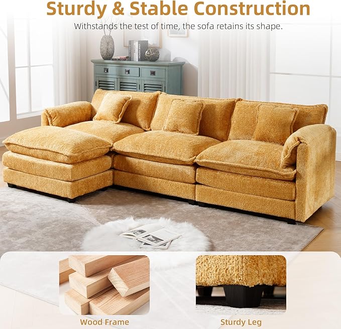 GNIXUU 112 Oversized Sectional Sofa Cloud Couch for Living Room Modern Chenille L Shaped Couch Comfy Boucle Modular Sofa Sleeper with Moveable Ottoman &amp Memory Foam(Musterd Yellow)