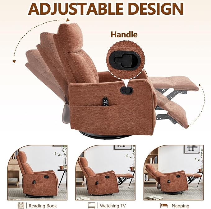 Slim Swivel Rocking Chair Recliner with PocketsLazy Boy Recliners for for AdultsSmall Recliner Chair for Small Spaces Manual Reclining Chair for Living Room Bedroom (Orange)