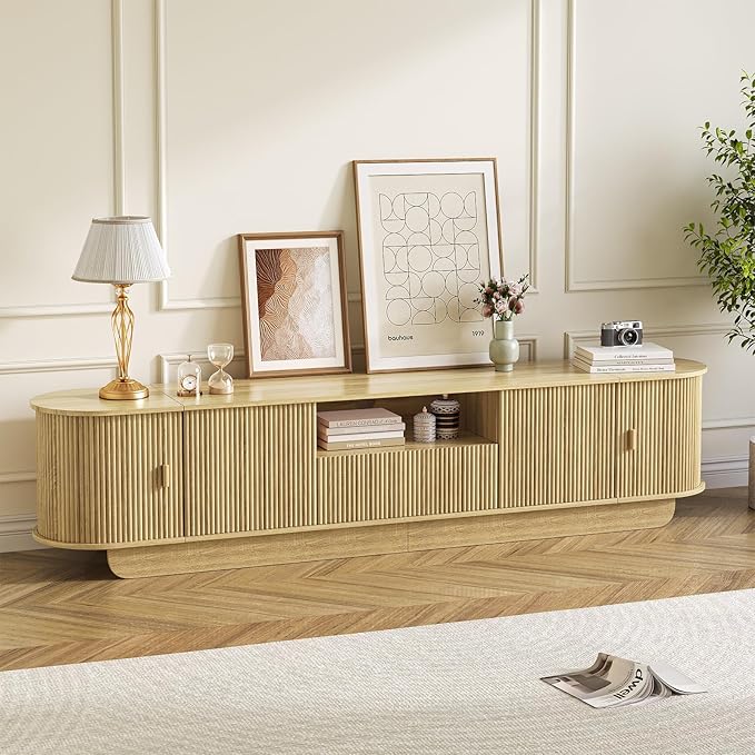 Fluted TV Stand and Coffee Table Set of 286.61'' TV Console for 55-85 InchModern Entertainment Center with Large Storage CabinetLift Top Coffee Table for Living Room Bedroom Natural