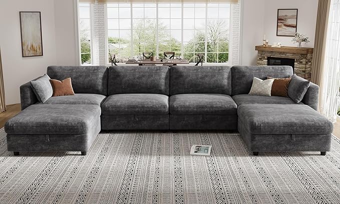 KKL Modular Sectional Couches for Living Room U Shaped Sofa Couch with Adjustable Backrest Chenille 6 Seater Sofa Couch with Convertible Ottoman and Comfy Cushion Grey