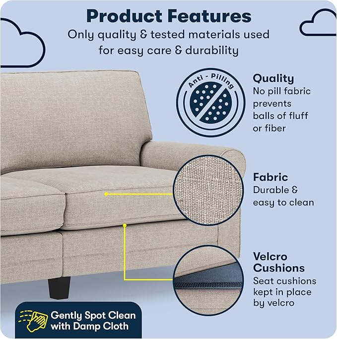 Serta Copenhagen 78 Rolled Arm Sofa Easy Care Polyester Soft Pillow Back Pocket Coil Seat Cushions Removable Covers Loveseat or Couch for Small Spaces Living Rooms or Bedrooms Light Gray