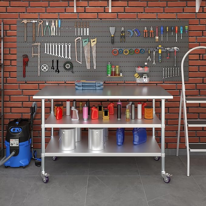 AmGood Stainless Steel Work Table with 2 Shelves and Casters | Metal Utility Table On Wheels (Stainless Steel Work Table with 2 Shelves + Casters 60 Long x 30 Deep)