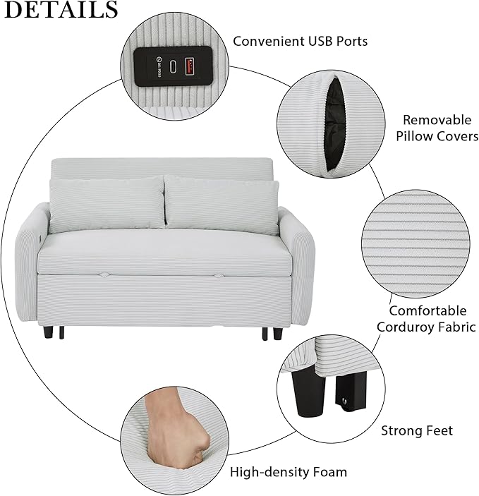 P PURLOVE Upholstered Modern Sofa Bed with Armrest Convertible Sofa Couch with Adjustable Backrest Corduroy Sleeper Bed with 2 Pillows and USB Port Pull Out Sofa Bed for Living Room (Light Blue)