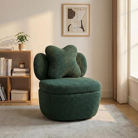 360° Swivel Accent Chair with Storage Compartment – Teddy Velvet Upholstered Armchair with Ergonomic Cushion Scratch-Resistant Fabric 300 lbs Capacity for Living Room Bedroom &amp Nursery Green