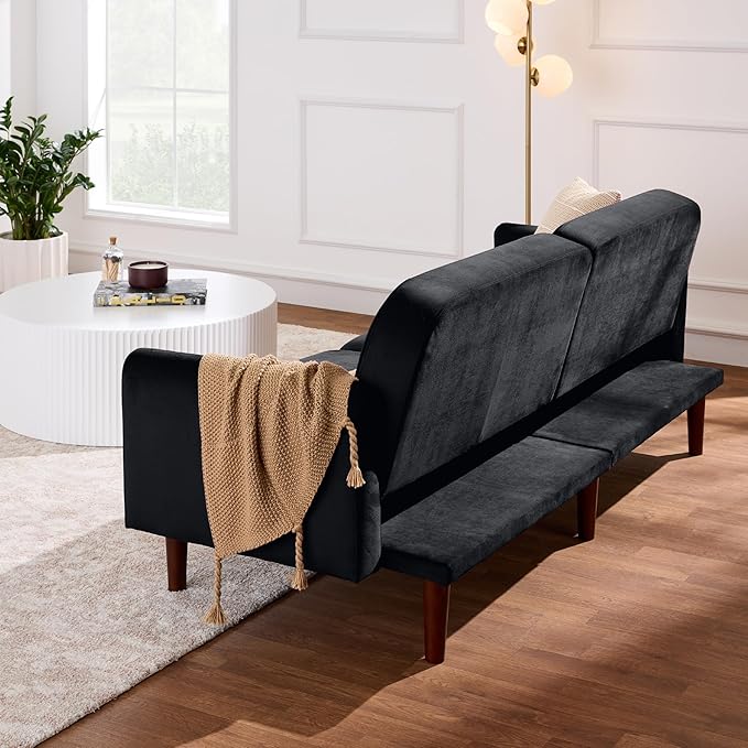 Best Choice Products 77 Mid Century Modern Velvet Loveseat Sofa Couch Convertible Sofa Sleeper Bed w/Real Wood Removable Armrest - Onyx Black