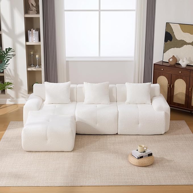 104.3 Modular Sectional SofaModern L-Shaped Couch with Movable Ottoman &amp Deep SeatFuzzy FabricNo AssemblyBoneless Couch for Living Room