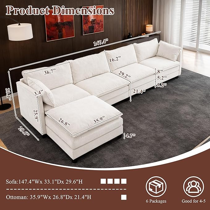 108 U Shaped Couch Comfy Cloud Modular Sectional Sofa with Movable Ottoman Deep Seat Chenille Modern Cloud Sofa Sectional Couches for Living Room Apartment (Beige 4 Seater with 1 Ottoman)