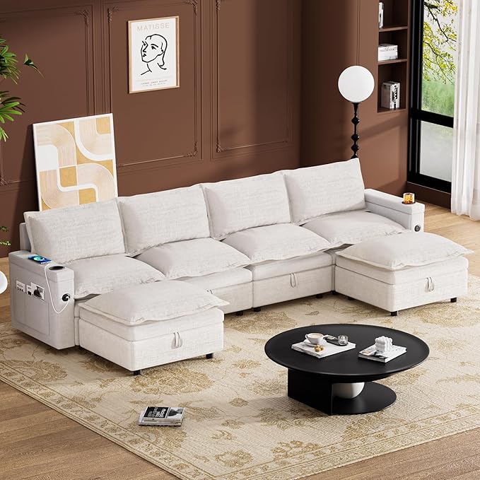 Oversized Armless Sofa with Ottoman Chenille Upholstered Chaise Lounge Comfy Armless Accent Chair and Ottomans with Storage Reading Chair with Ottoman for Living Room Bedroom Beige