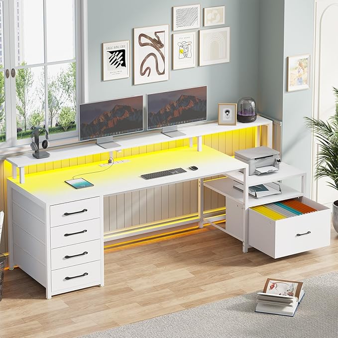 SEDETA White Computer Desk with 5 Drawer &amp Power Outlet 66'' Home Office Desk with File Drawer Storage Shelves Printer Cabinet and Monitor Shelf Gaming Desk with Led Lights