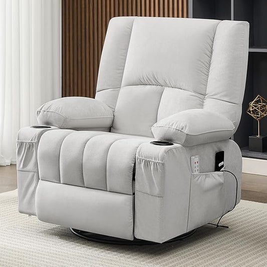 Oversized Recliner Chairs for Adults 270° Swivel Rocker Recliner with Heat and Massage Lazy Boy ReclinerRecliner Chairs Single Sofa Seat with Cup Holders (LightGreyElectric)