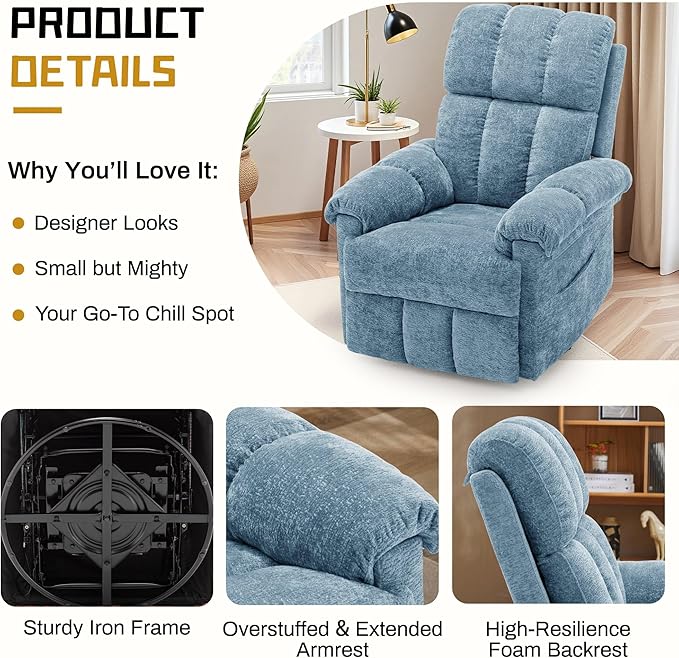 Recliner Chair Swivel Rocker Recliner Chair for Adults Small Recliners for Small Spaces Manual Recliner Chair with Side Pockets Nursery Rocking Chair for Living Room Chenille Airy Blue