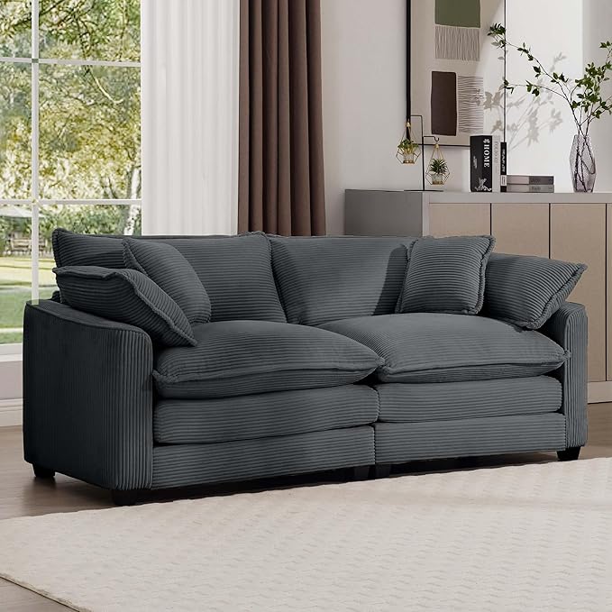 Oversized Modular Sectional Sofa 80'' Modern Corduroy Comfy Cloud Couches for Living Room Apartment Deep Seat Loveseat Sofa with 2 Armrest Pillows and 2 Toss Pillows Grey
