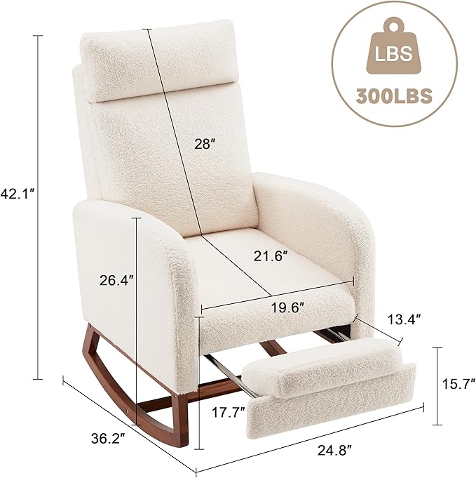 Nursery Rocking Chairs with Foot Rest Rocking Chair Nursery Chair with High Back Glider Rocking Chair Baby Nursery Glider Rocker Nursing Chair Accent Living Room (Teddy White)