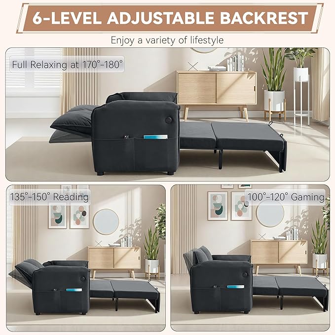 63 Velvet 3 in 1 Convertible Sleeper Sofa Bed Pull Out Couch Bed Loveseat with Adjustable Backrest Chaise Lounge USB Port &amp Side Pocket Modern Sofa for Living Room Small Spaces Dark Gray
