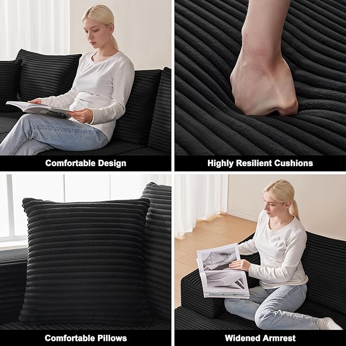 110” Cloud Sectional Couch Modular Sectional Sofa with Deep Seat Boneless Sofa for Living Room Fluffy Comfy U-Shaped Couch with Left Facing Chaise No Assembly Required Black
