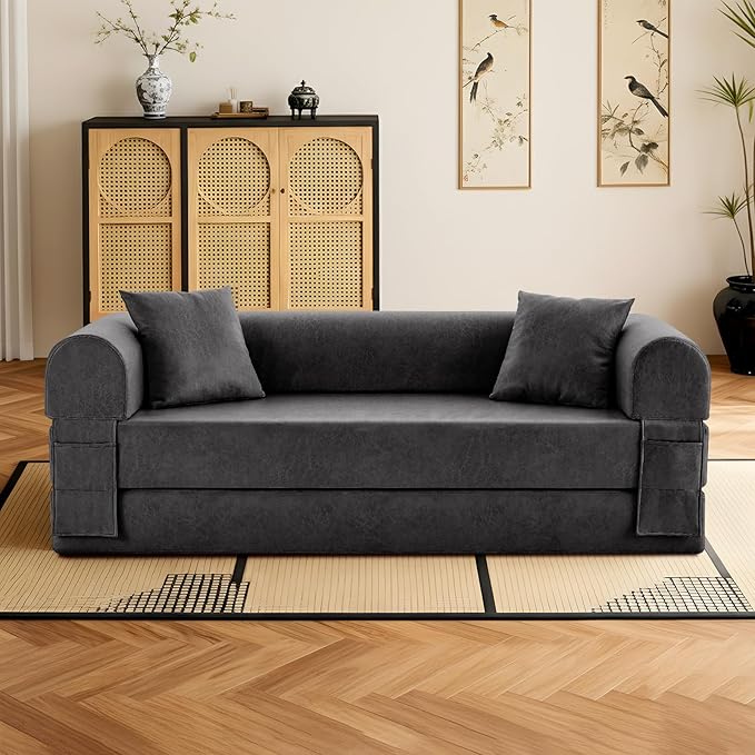 4-in-1 Folding Convertible Sofa Bed 78 Inch Faux Leather Boneless Couch Loveseat Sleeper with Pull Out Bed Floor Sofa Modular Futon Teddy Sofa for Living Room Bedroom Lounge Gray
