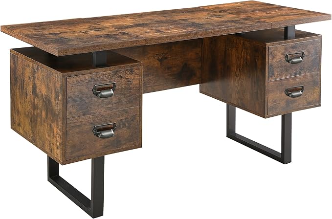 Computer Desk with 4 Drawers for Files Organization Large Home Office Desk with Storage Shelves Industrial Study Writing Table Workstation for Home Office Study Room Dedroom Rustic Brown