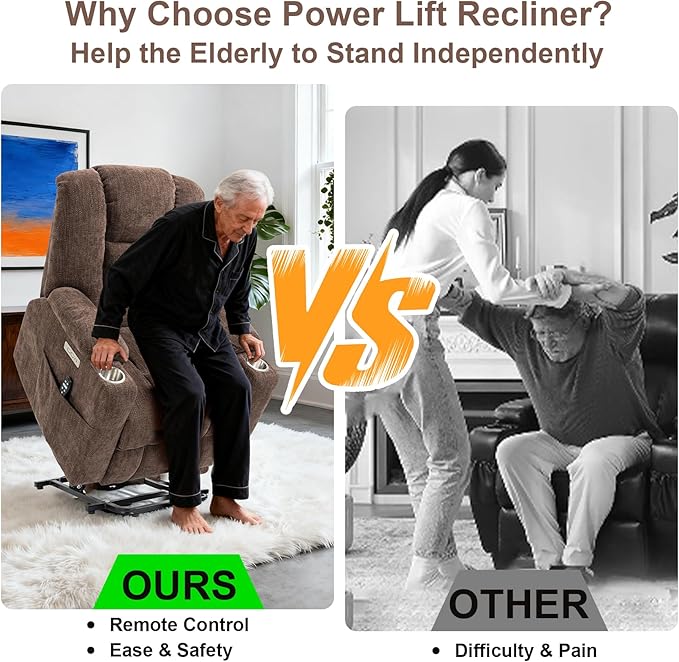 Power Lift Recliner Chair for Eldery Chenille Electric Recliner Chairs with Massage and Heat Remote Control Standing Assistance Lay Flat Recliner Sofa for Living Room Medium-FirmBrown