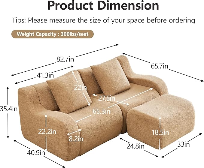 KEIKI 83 L-Shaped Teddy Modular Sectional Loveseat Sofa with 1 Ottoman &amp High-Density Foam Cushions &amp Curved Armrest &amp 2 Pillows Streamlined Design Boneless 2-Seater Couch for Living Ro