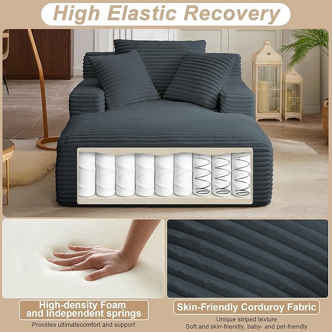KEIKI 67 Oversized Chaise Lounge Chair Indoor Corduroy Upholstered Sleeper Sofa Couch with Deep Seat &amp Pillows Modern Cloud Couch for Apartment Studio Small Space No Assembly Required
