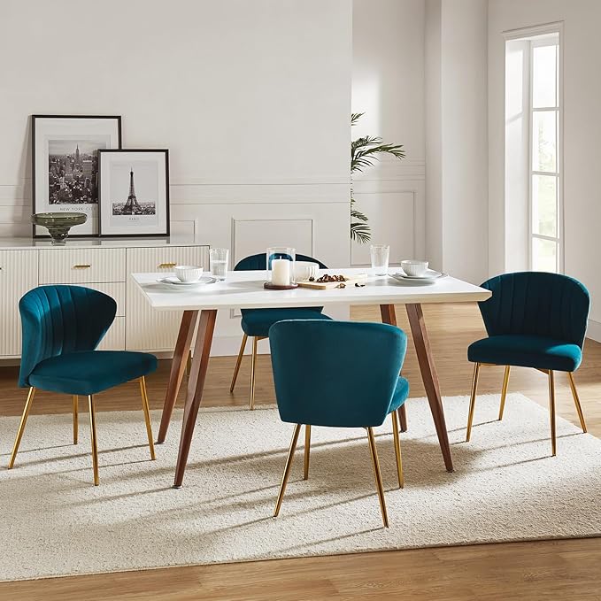 HULALA HOME Velvet Dining Chairs Modern Small Armless Accent Chair with Gold Metal Legs Living Room Upholstered Cute Side Chair Elegant Tufted Back Vanity Chair for Bedroom/Beauty Room-Teal