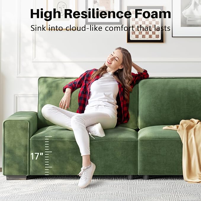 Vesgantti 85'' Chenille Couch for Living Room 3 Seater Comfy Sofa with Wide Armrest Thick Spring Cushions Modern Cloud Couch for Apartment Office Bedroom Small Space Chenille Green