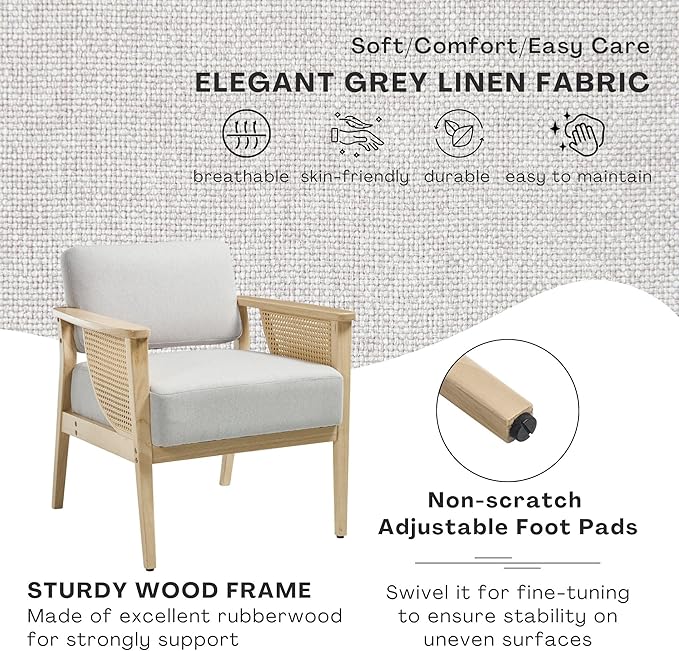 Mid-Century Accent Chair Set of 2 Modern Rattan Armchair Linen Lounge Chair with Wood Legs Upholstered Leisure Chair for Living Room Bedroom Reception Room Grey