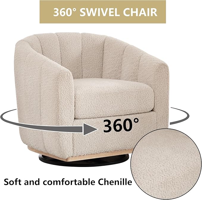 Beige Swivel Accent Chair32.3 Swivel Chair with Wide Curved BackrestThickened Upholstered Accent ChairChenille ArmchairModern Single Sofa Chair for Living Room