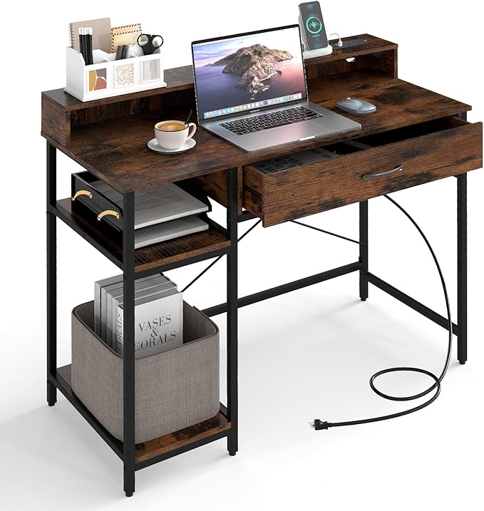 Giantex Computer Desk with Drawer 42 Small Computer Workstation w/Charging Station &amp Monitor Stand PC Laptop Desk with Storage Shelves Writing Desk for Small Space Home Office Rustic Brown