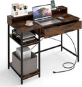 Giantex Computer Desk with Drawer 42 Small Computer Workstation w/Charging Station &amp Monitor Stand PC Laptop Desk with Storage Shelves Writing Desk for Small Space Home Office Rustic Brown