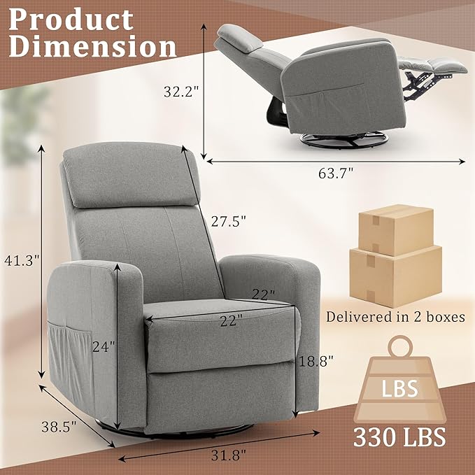 Power Swivel Recliner Chairs for Adults Electric Glider Rocking Chair Nursery Glider Recliner Nursery Chair with Classified Side Pocket Nursery Rocking Chairs with USB and Type-C Ports