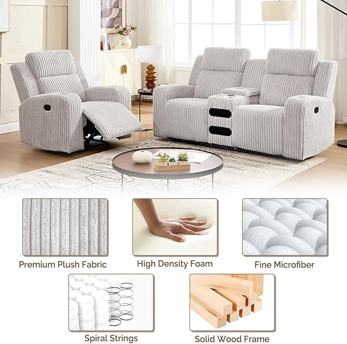 Corduroy Manual Recliner Sofa Set Living Room Furniture Set Reclining Sofa and Loveseat Set Console Cup HoldersGrey(Chair)