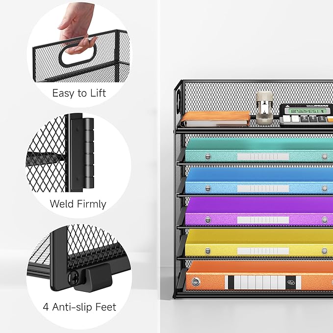 6 Tray Paper Organizer Letter Tray with Handle - Mesh Desk File Organizer Paper Sorter Organizer for Office Home or School File Folder Holder -Black