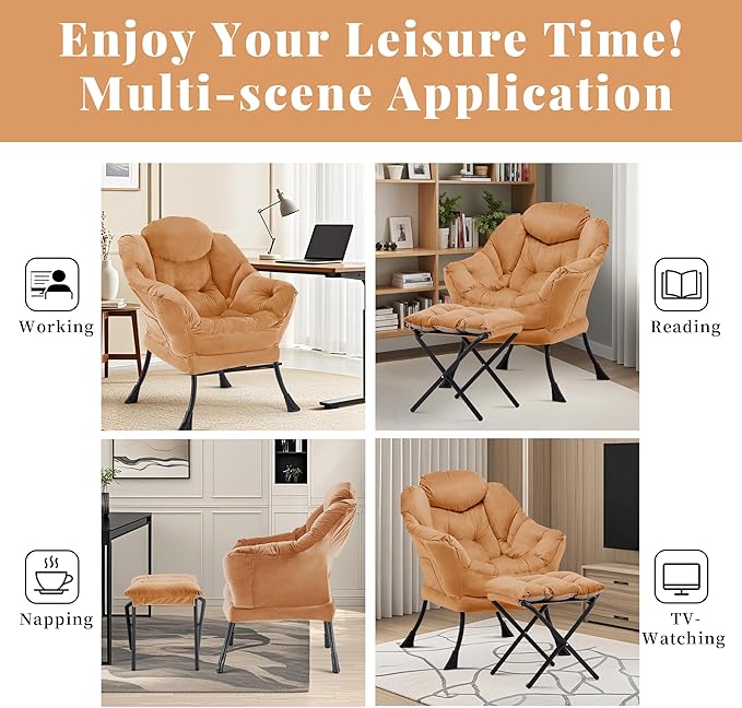 Lazy Chair with Ottoman Comfy Accent Lounge Chair with Side Pocket Modern Reading Armchair with Footrest Upholstered Sofa Chair for Small Spaces Bedroom Living Room Dorm Burnt Orange