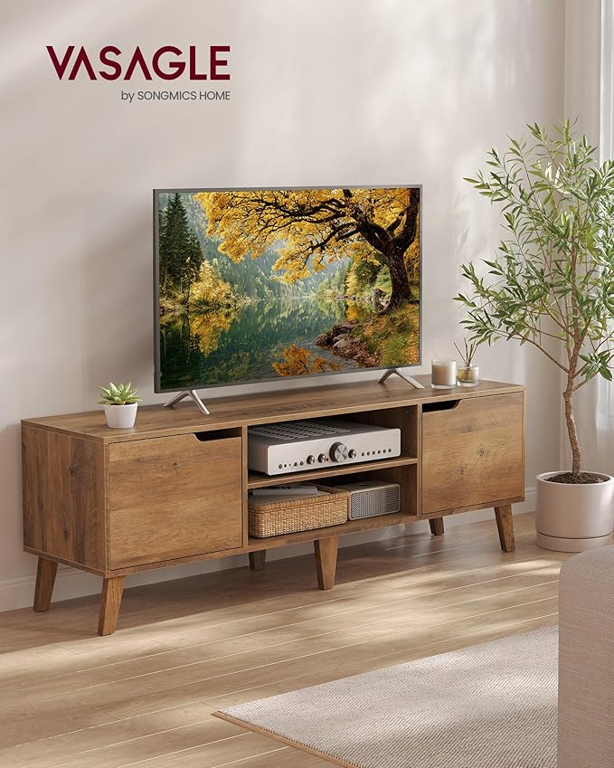 VASAGLE TV Stand with Charging Station for 65-Inch TVs Entertainment Center with LED Light 57.9-Inch Long Media Console Table Transitional Style for Living Room Bedroom Honey Brown ULTV560K01