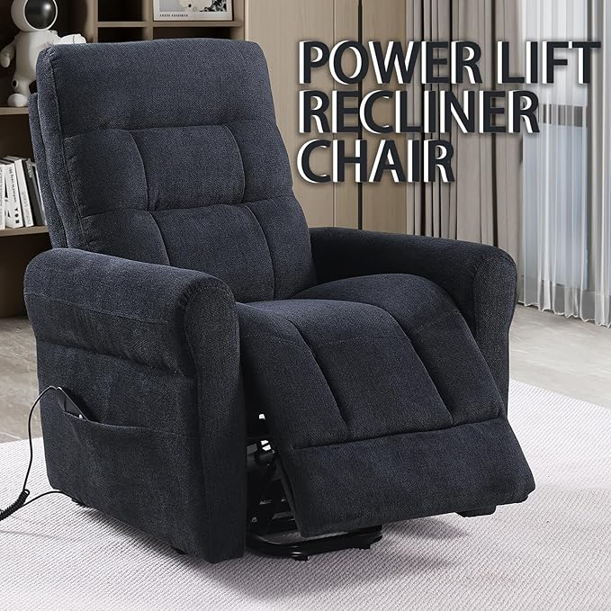 Power Lift Recliner Chair Electric Power Lift Recliner Chair for Elderly Single Seat Chenille Reclining Sofa with Side Pocket for Bedroom Living Room Office (Black)